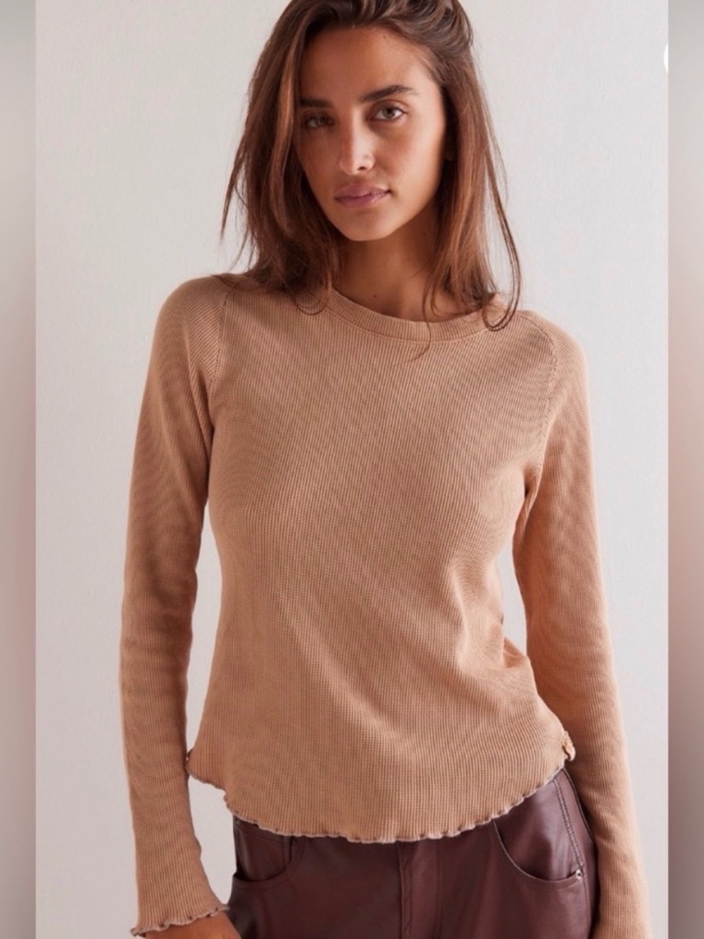 Free People Long Sleeve Waffle Knit In Peach Color
